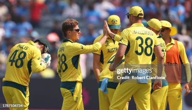 Adam Zampa of Australia celebrates the wicket of Litton Das of Bangladesh during the ICC Men's Cricket World Cup India 2023 between Australia and...