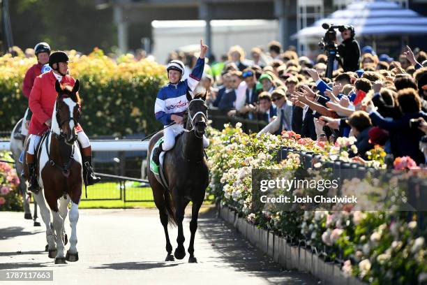 James McDonald riding Atishu wins the TAB Champions Stakes during Stakes Day at Flemington Racecourse on November 11, 2023 in Melbourne, Australia.
