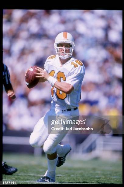 Quarterback Peyton Manning of the Tennessee Volunteers prepares to pass the ball during a game against the UCLA Bruins at the Rose Bowl in Pasadena,...