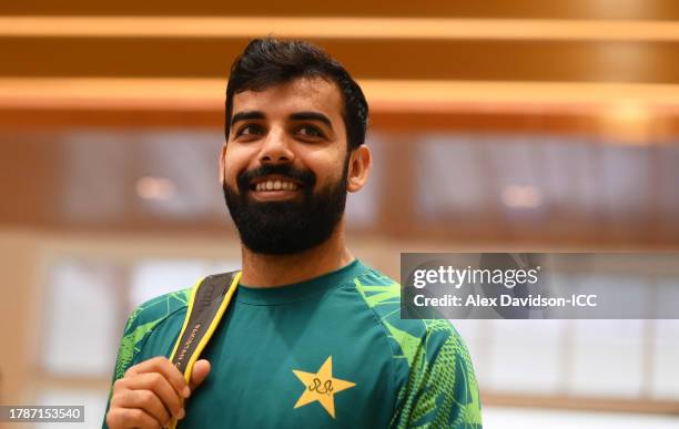 Shadab Khan of Pakistan arrive ahead of the ICC Men's Cricket World Cup India 2023 between England and Pakistan at Eden Gardens on November 11, 2023...