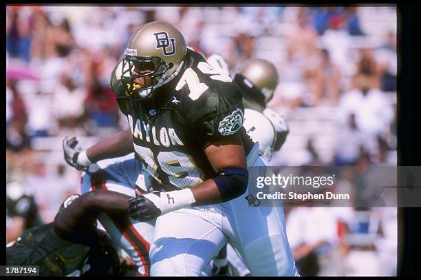 Offensive tackle David Davis of the Baylor Bears in action during a game against the Miami Hurricanes at Floyd Casey Stadium in Waco, Texas. Miami...