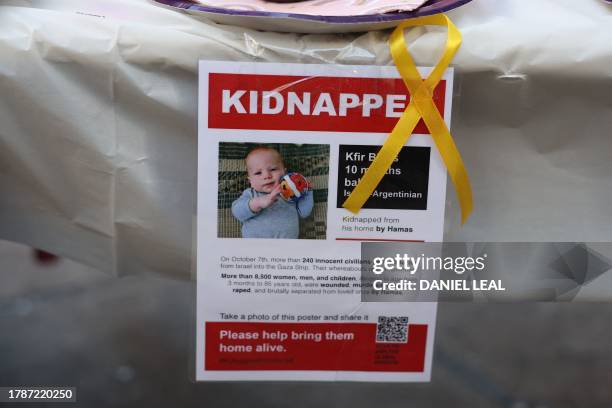 Placard picturing a baby held hostage by Palestinian militant group Hamas in Gaza is stuck on the side of a decorated table during a gathering...