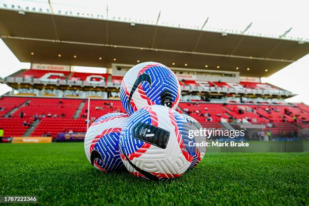 Practice balls during the A-League Men round four match between Adelaide United and Sydney FC at Coopers Stadium, on November 11 in Adelaide,...