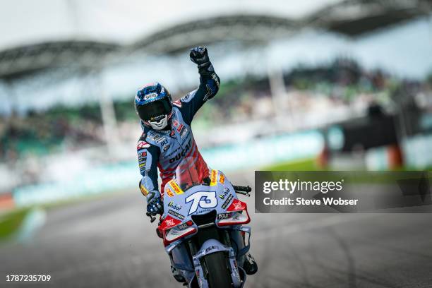 Alex Marquez of Spain and Gresini Racing MotoGP enters the Sprint podium on the main straight after he won the Sprint race during the Sprint race of...