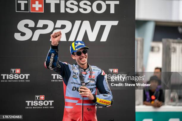 Alex Marquez of Spain and Gresini Racing MotoGP with his medal after he won the race during the Sprint race of the MotoGP PETRONAS Grand Prix at...