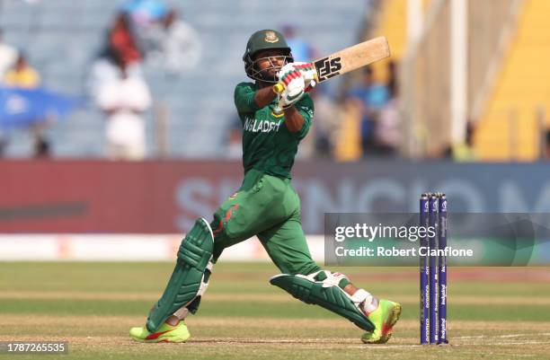 Towhid Hridoy of Bangladesh plays a shot during the ICC Men's Cricket World Cup India 2023 between Australia and Bangladesh at MCA International...