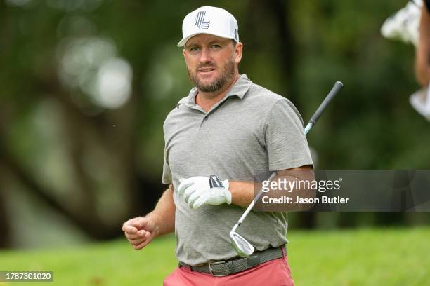 Graeme McDowell of Northern Ireland walks off the tee on hole 5 during the third round of the Hong Kong Open at Hong Kong Golf Club on November 11,...