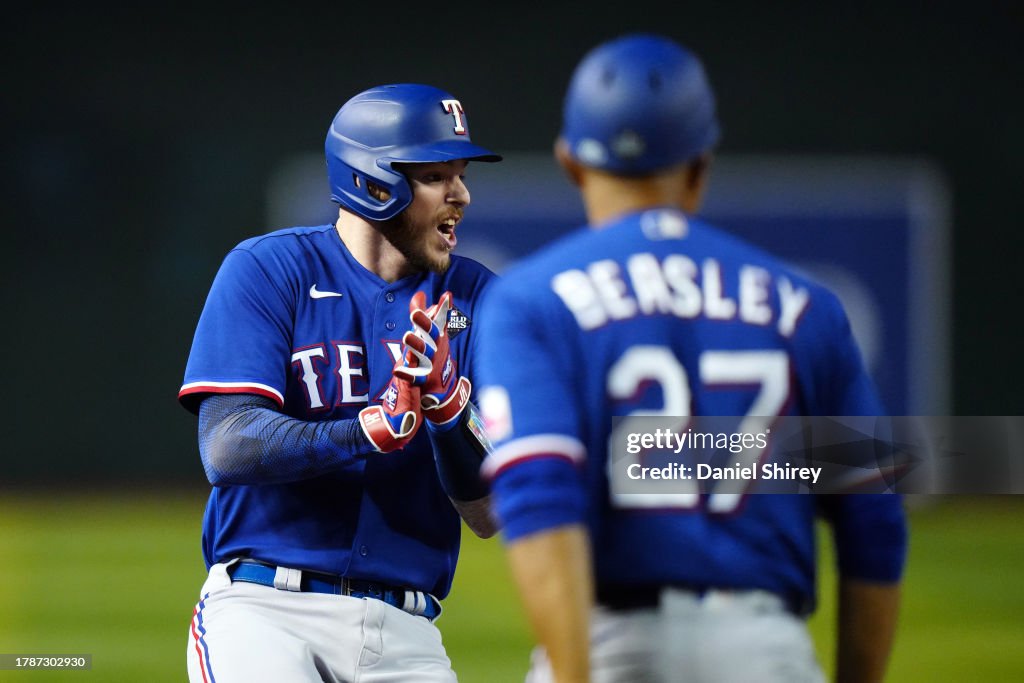 Texas Ranger Heim Jonah Heim of the Texas Rangers reacts after a triple during Game 5 ...