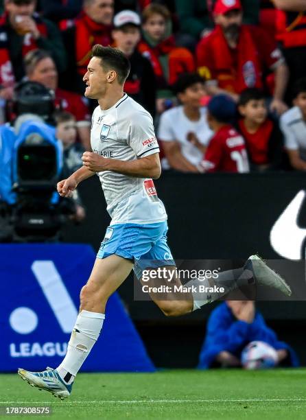 Joe Lolley of Sydney FC celebrates after scoring his teams first goal during the A-League Men round four match between Adelaide United and Sydney FC...