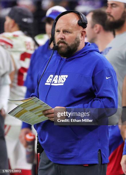 Head coach Brian Daboll of the New York Giants looks on in the fourth quarter of a game against the Las Vegas Raiders at Allegiant Stadium on...