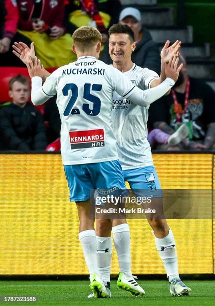 Joe Lolley of Sydney FC celebrates after scoring his teams second goal with Jaiden Kucharski of Sydney FC during the A-League Men round four match...