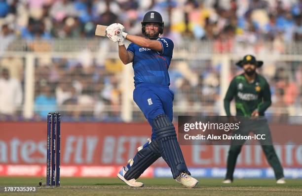 Dawid Malan of England plays a shot during the ICC Men's Cricket World Cup India 2023 between England and Pakistan at Eden Gardens on November 11,...