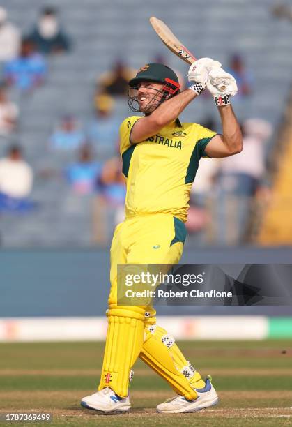 Mitch Marsh of Australia plays a shot during the ICC Men's Cricket World Cup India 2023 between Australia and Bangladesh at MCA International Stadium...