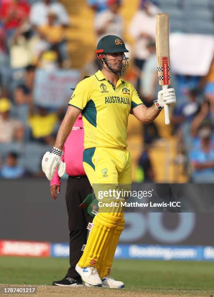 Mitch Marsh of Australia celebrates his half century during the ICC Men's Cricket World Cup India 2023 between Australia and Bangladesh at MCA...