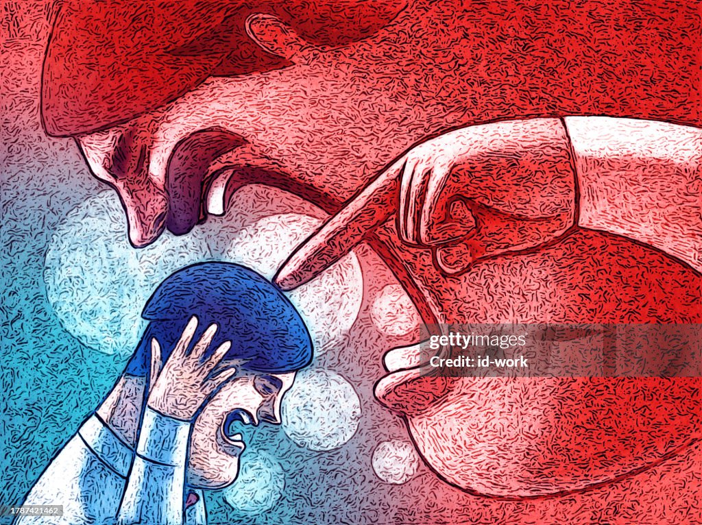 Angry boss pointing and blaming businessman