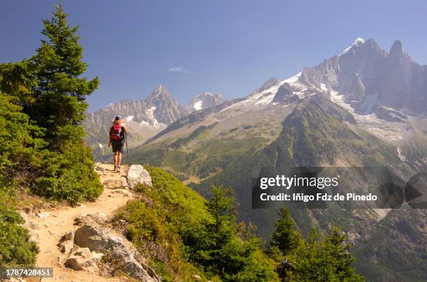 woman hiking along the grand balcon sud with stunning views to  mont blanc massif and the chamonix valley, chamonix-mont-blanc, haute-savoie, france. - blanc stock pictures, royalty-free photos & images