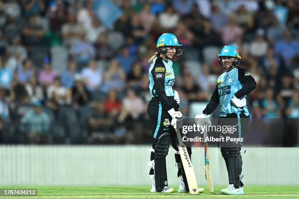 Charli Knott and Mignon Du Preez of the Heat react during the WBBL match between Brisbane Heat and Adelaide Strikers at Great Barrier Reef Arena, on...