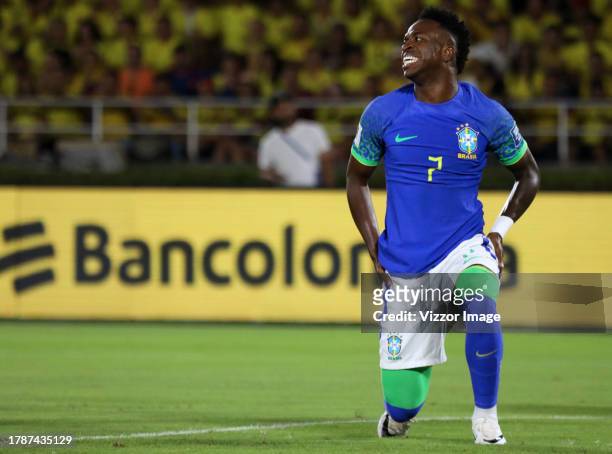 Vinicius Junior of Brazil reacts the FIFA World Cup 2026 Qualifier match between Colombia and Brazil at Barranquilla on November 16, 2023 in...