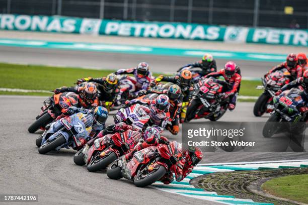 Francesco Bagnaia of Italy and Ducati Lenovo Team leads the field during the Sprint race of the MotoGP PETRONAS Grand Prix at Sepang Circuit on...