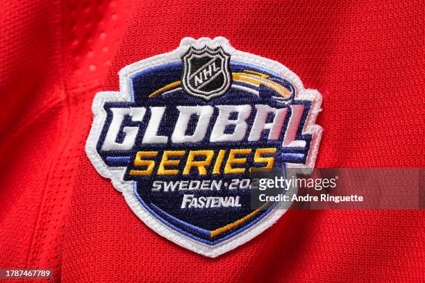 Details of the crests on the Detroit Red Wings jerseys before the 2023 NHL Global Series game between the Detroit Red Wings and Toronto Maple Leafs...