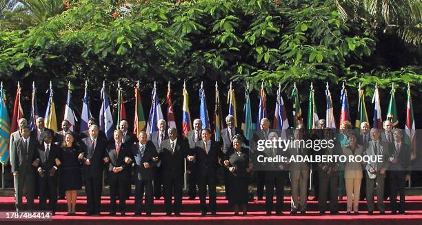 The participants of the third AEC summit are pictured in Margarita, Venezuela 12 December 2001. Bharrat Jagdeo of Guyana, Keith Muchael of Grenada,...