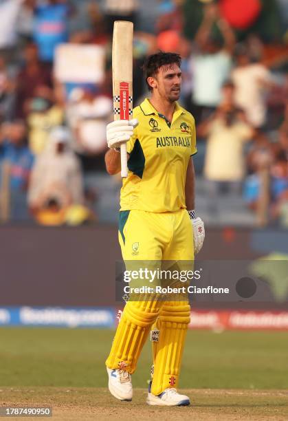 Mitch Marsh of Australia celebrates his century during the ICC Men's Cricket World Cup India 2023 between Australia and Bangladesh at MCA...