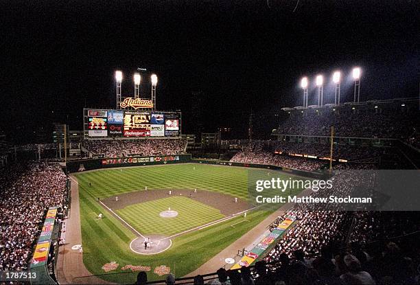 General view of a game between the Cleveland Indians and the New York Yankees at Jacobs Field in Cleveland, Ohio. The Indians won the game, 4-3.