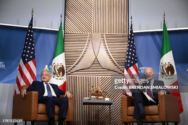 President Joe Biden and Mexican President Andres Manuel Lopez Obrador look on during a bilateral meeting on the last day of the Asia-Pacific Economic...
