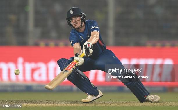 Harry Brook of England plays a shot during the ICC Men's Cricket World Cup India 2023 between England and Pakistan at Eden Gardens on November 11,...