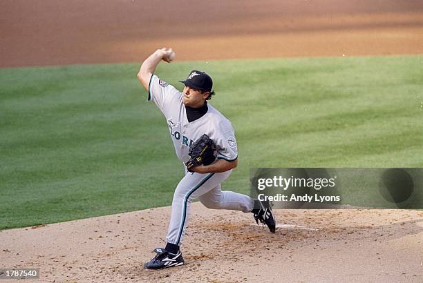 Pitcher Alex Fernandez of the Florida Marlins throws the ball during a game against the Atlanta Braves at Turner Field in Atlanta, Georgia. The...