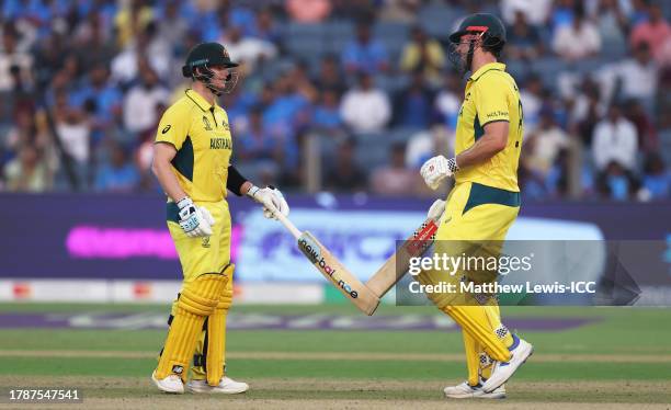 Mitch Marsh and Steve SMith of Australia interact during the ICC Men's Cricket World Cup India 2023 between Australia and Bangladesh at MCA...