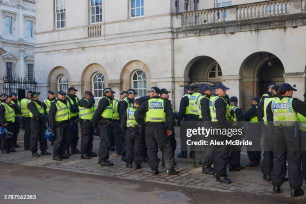 Police file up at horseguards parade as part of the Met Police's 'ring of steel' ahead of the the Armistice Day remembrance service on November 11,...