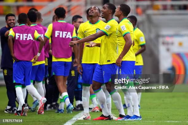Rayan of Brazil celebrates scoring the opening goal with team mates during the FIFA U-17 World Cup Group C match between Brazil and IR Iran at...