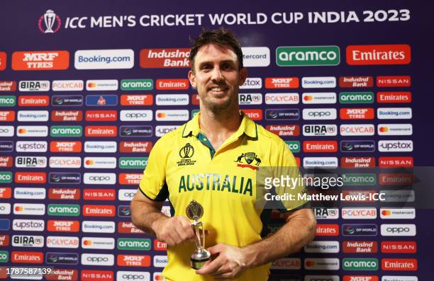 Mitch Marsh of Australia poses after being named Player of the Match following the ICC Men's Cricket World Cup India 2023 between Australia and...