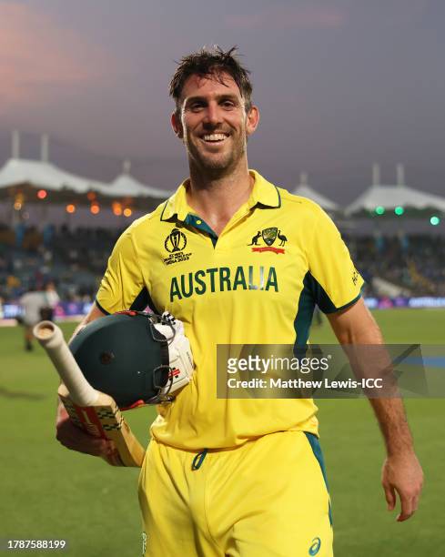 Mitch Marsh of Australia celebrates following the ICC Men's Cricket World Cup India 2023 between Australia and Bangladesh at MCA International...