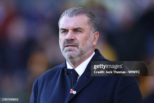 Ange Postecoglou, Manager of Tottenham Hotspur, looks on prior to the Premier League match between Wolverhampton Wanderers and Tottenham Hotspur at...