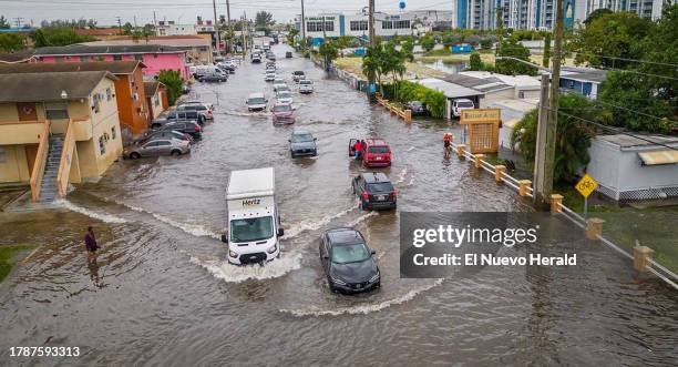 Aerial view of floods affecting West 29 Street and 14th Avenue in Hialeah as South Florida is getting drenched Wednesday night as torrential...