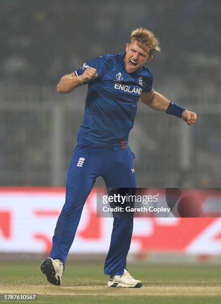 David Willey of England celebrates the wicket of Abdullah Shafique of Pakistan during the ICC Men's Cricket World Cup India 2023 between England and...