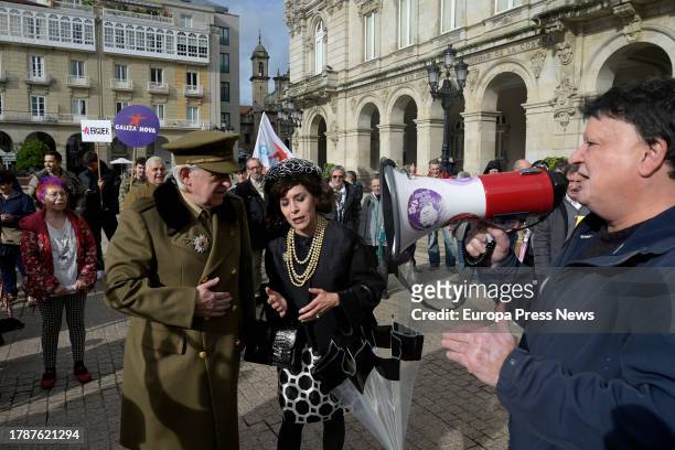 Actors Fernando Moran and Isabel Risco, who play Francisco Franco and Carmen Polo, preside over the fourth march for the return of the Casa Cornide,...