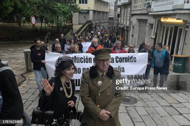 Actors Fernando Moran and Isabel Risco, who play Francisco Franco and Carmen Polo, preside over the fourth march for the return of the Casa Cornide,...