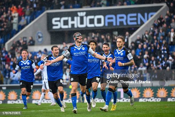 Fabian Klos of Bielefeld celebrates scoring his teams first goal during the 3. Liga match between Arminia Bielefeld and SV Sandhausen at Schueco...