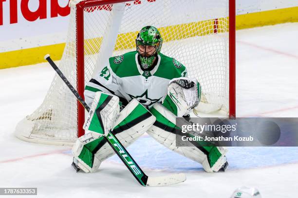 Goaltender Scott Wedgewood of the Dallas Stars guards the net during third period action against the Winnipeg Jets at Canada Life Centre on November...