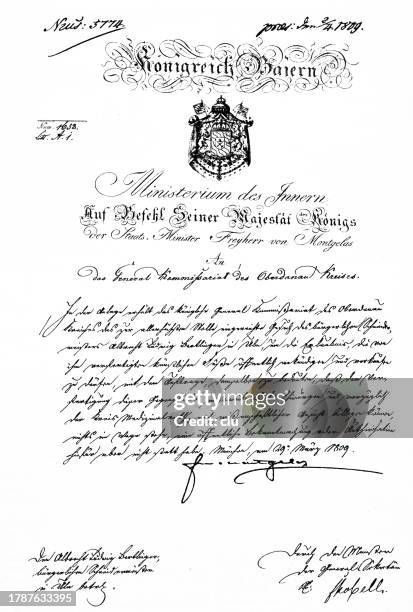ulm, germany, decree of the bavarian ministry on the request of the tailor of ulm, albrecht ludwig berblinger - tailor stock illustrations