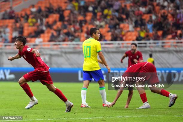 Yaghoob Barajeh of IR Iran celebrates scoring their teams first goal during the FIFA U-17 World Cup Group C match between Brazil and IR Iran at...