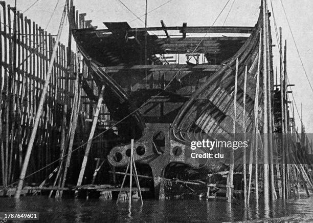ship building, exit of the propeller shafts - shipyard construction stock illustrations
