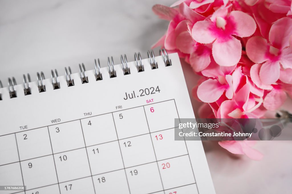 July 2024 Calendar with Pink Flowers