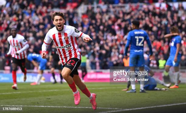 Sunderland player Adil Aouchiche celebrates after scoring the third goal during the Sky Bet Championship match between Sunderland and Birmingham City...