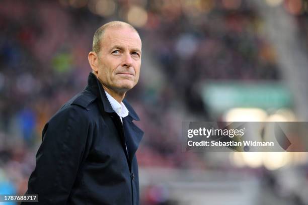 Jess Thorup, Head Coach of FC Augsburg, looks on prior to the Bundesliga match between FC Augsburg and TSG Hoffenheim at WWK-Arena on November 11,...