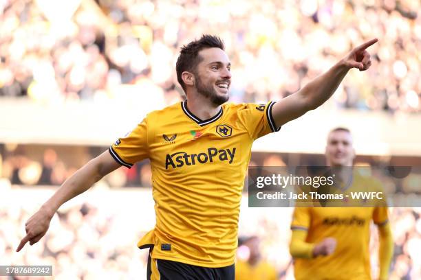 Pablo Sarabia of Wolverhampton Wanderers celebrates after scoring the team's first goal during the Premier League match between Wolverhampton...