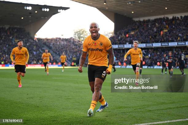 Mario Lemina of Wolverhampton Wanderers celebrates after scoring the team's second goal during the Premier League match between Wolverhampton...